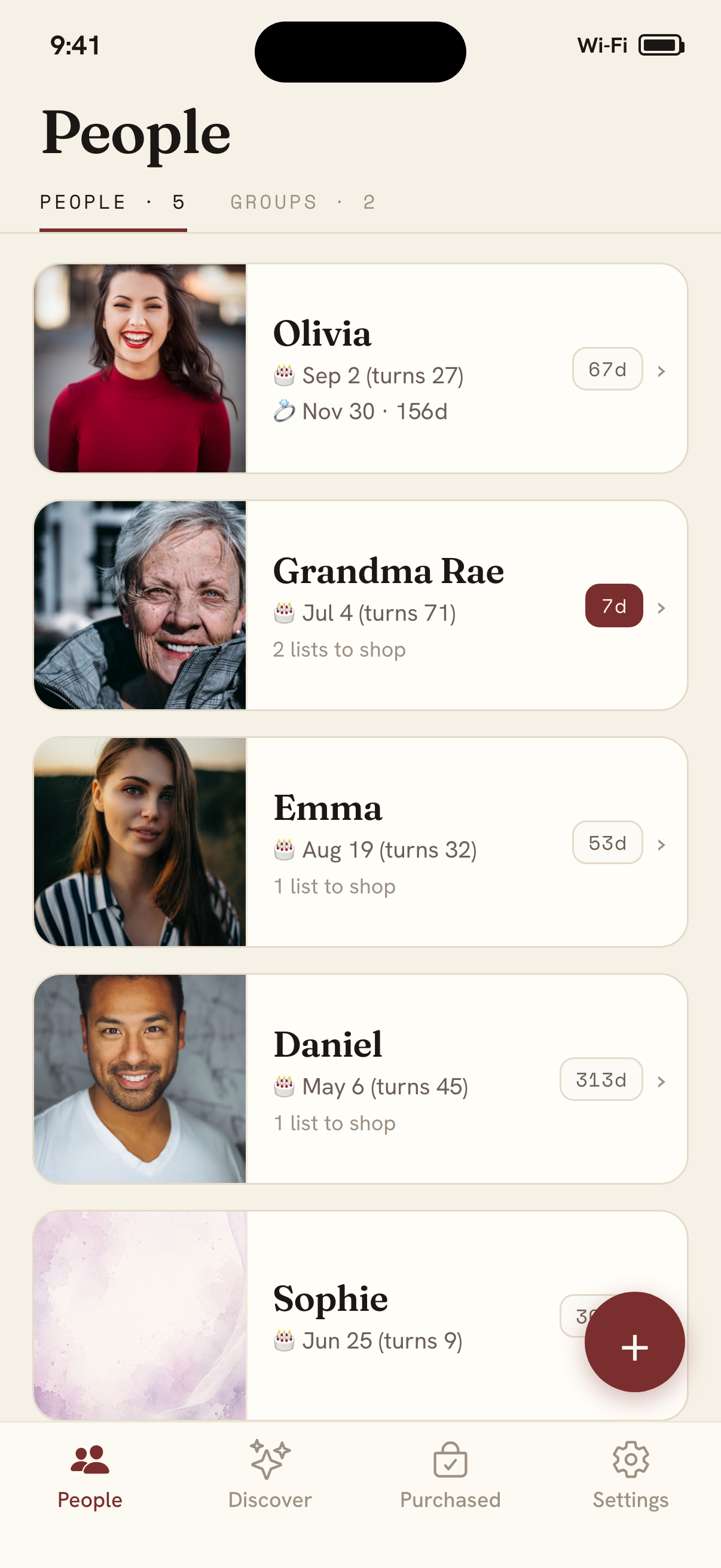 My Gift Lists People tab — a card for everyone you love