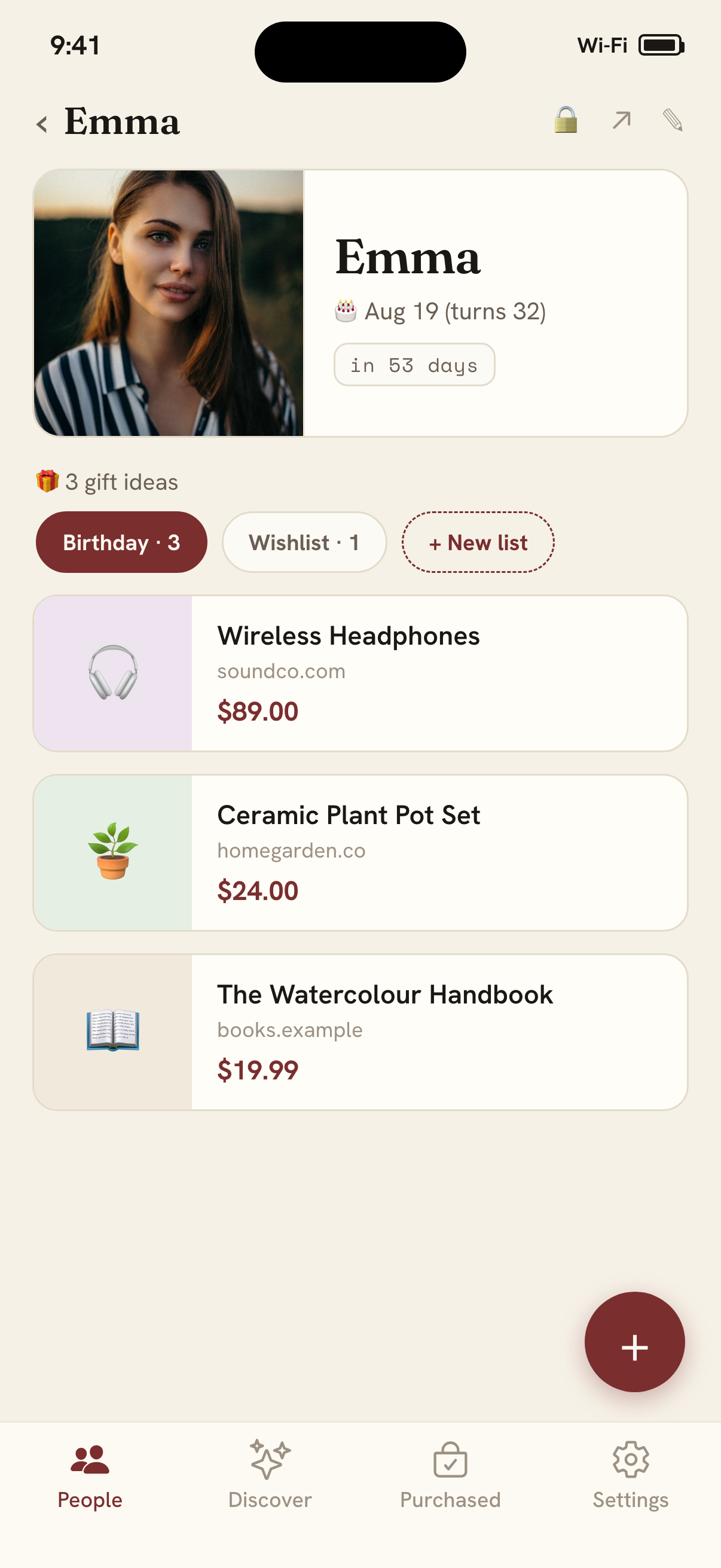A person's page with their gift ideas and birthday countdown