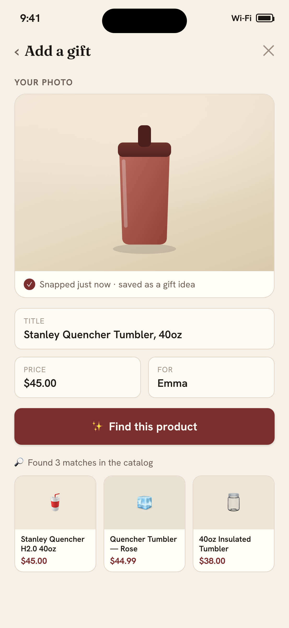 Snap a photo of a product and My Gift Lists finds it in the catalog