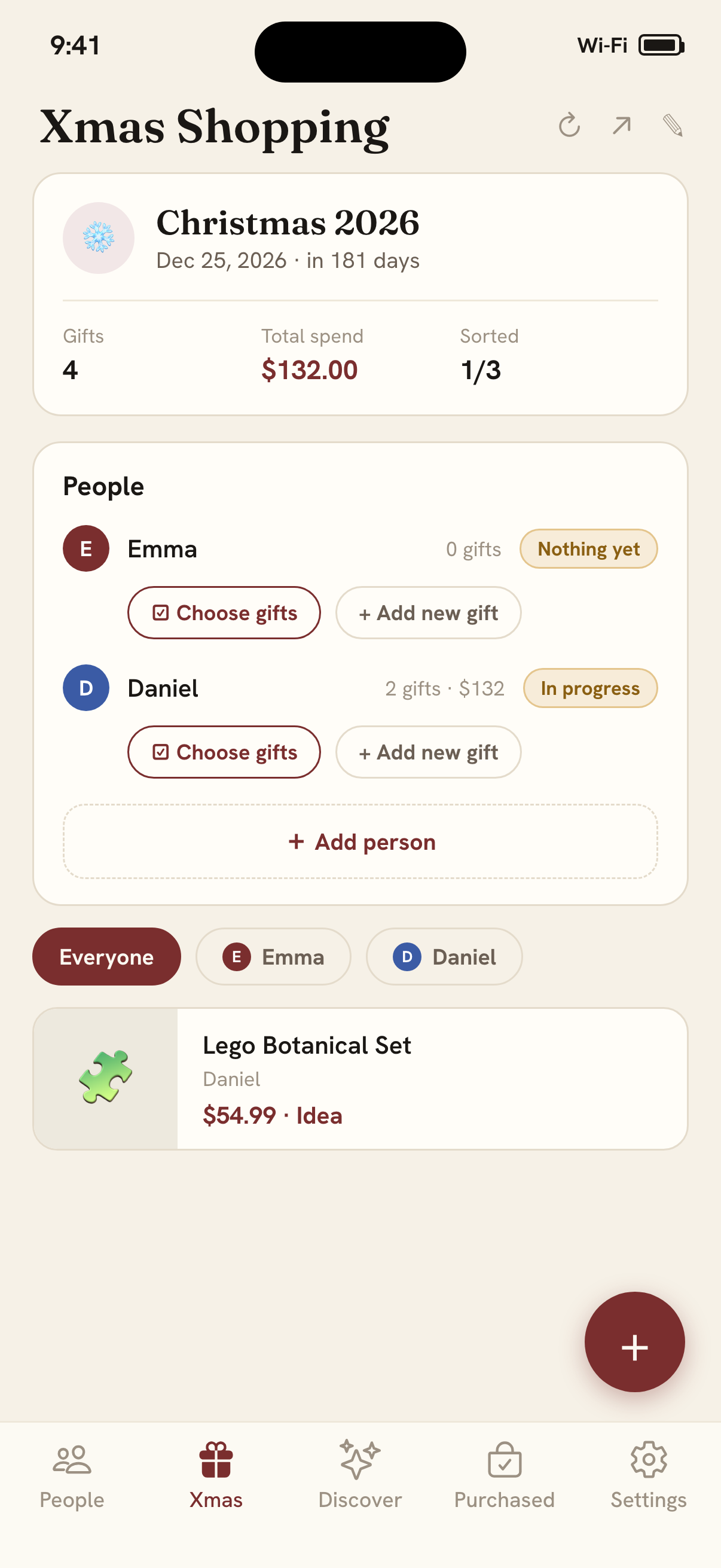 Xmas Shopping dashboard with per-person progress